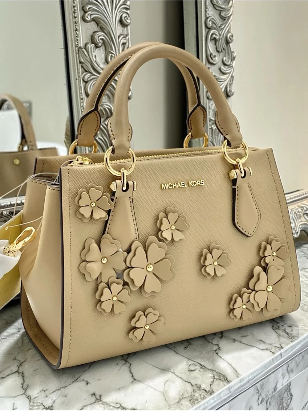 MICHAEL KORS Marilyn Small Floral Embellished Satchel Camel color